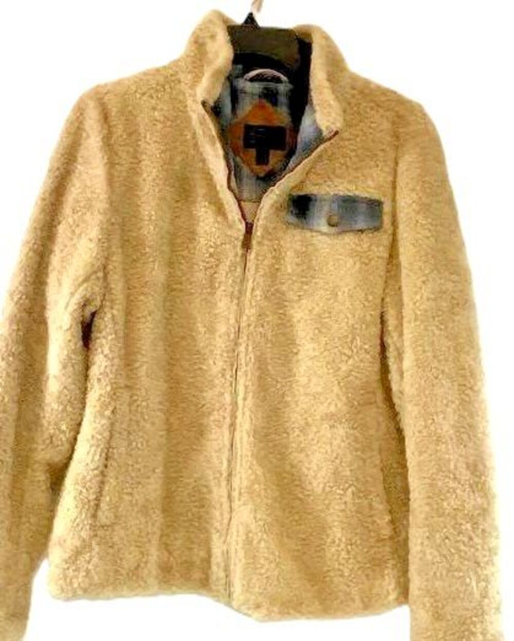 Pendleton Cream Fuzzy Sherpa Fleece Full Zip Jacket Plaid Accent M